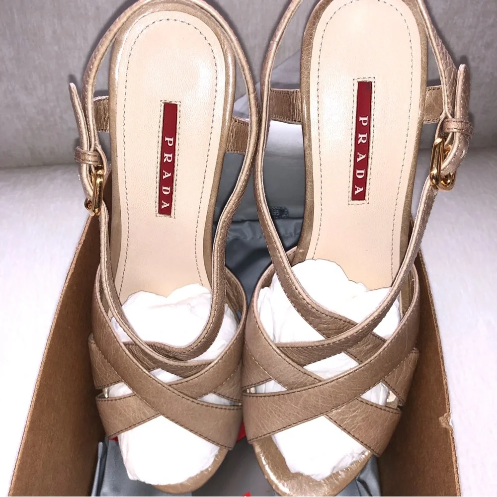 NWT Prada Tan Platform Cork Wedge Sandals New Size 38